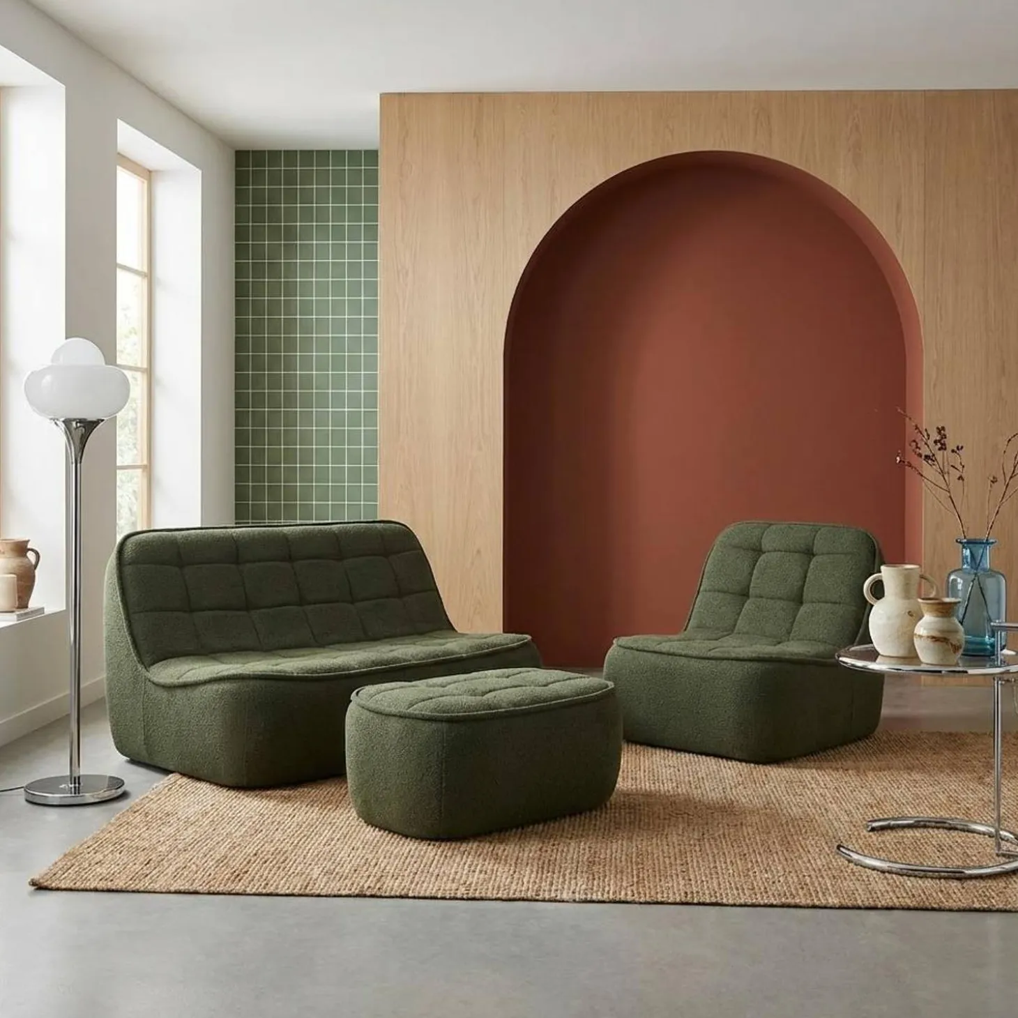 3-Sitzer Sitzgruppe mit Sofa, Sessel und Hocker, strukturierter Bouclé-Bezug