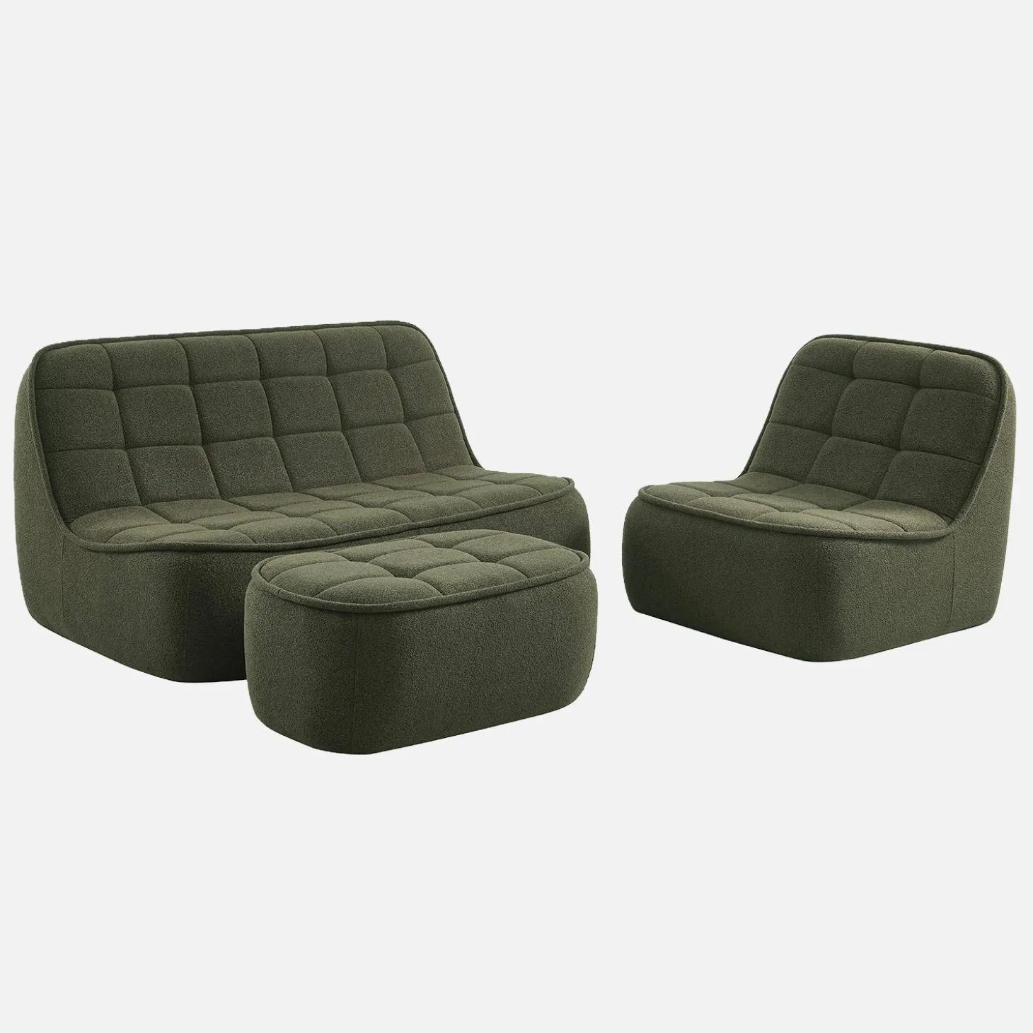 3-Sitzer Sitzgruppe mit Sofa, Sessel und Hocker, strukturierter Bouclé-Bezug