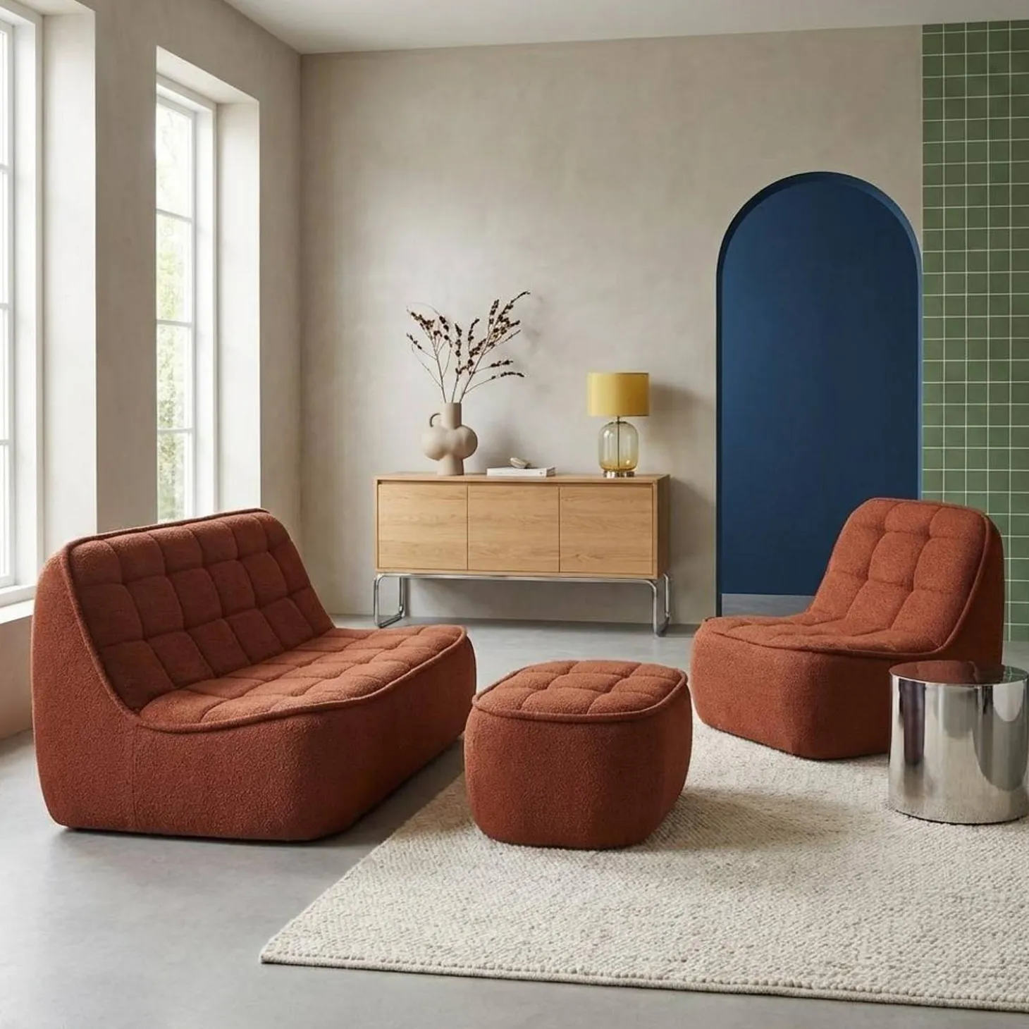 3-Sitzer Sitzgruppe mit Sofa, Sessel und Hocker, strukturierter Bouclé-Bezug