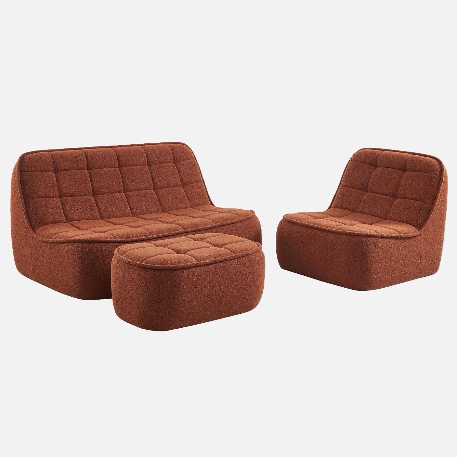 3-Sitzer Sitzgruppe mit Sofa, Sessel und Hocker, strukturierter Bouclé-Bezug
