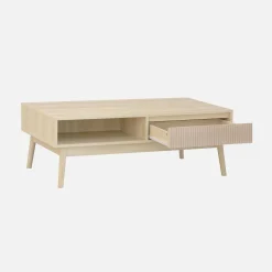 Skandinavischer Couchtisch mit geriffeltem Holzdekor, 2 Nischen, 1 Schublade