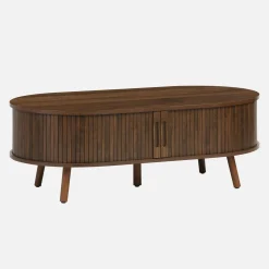 Skandinavischer Couchtisch mit geriffeltm Holzlook und 2 Schiebetüren