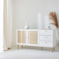 Skandinavisches Sideboard, Holzeffekt mit Rattangeflecht, 2 Türen, 150 cm