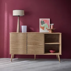 Skandinavisches Sideboard in Holzdekor mit 2 geriffelten Schiebetüren B 140 cm