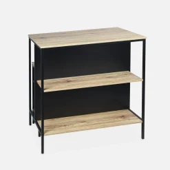 Stehtisch mit Holzdekor und Metall mit 2 Regalen + 2 Hocker