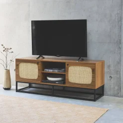 TV-Möbel mit Holzdekor und Rattan-Geflecht abgerundet 2 Türen - 140cm