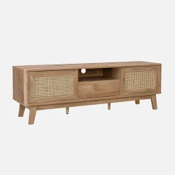 TV-Möbel mit Schiebetüren, Fach, Regal in Holzoptik und Rattan-Geflecht 150cm