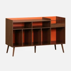 Zweifarbiger Vintage XL Schallplattenschrank mit Holzdekor und farbigem Hintergrund 130cm