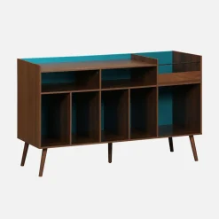 Zweifarbiger Vintage XL Schallplattenschrank mit Holzdekor und farbigem Hintergrund 130cm