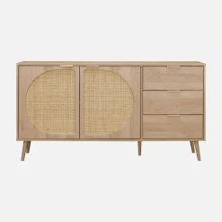 Anrichte mit Holzdekor und abgerundetem Rattan-Geflecht 150 cm