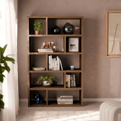 Asymmetrisches Bücherregal im Holzlook 5 Ebenen 10 Stauräume