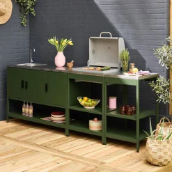 Außenküche aus Edelstahl mit Holzkohlegrill, Spüle und Regal, 3 Elemente