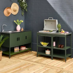 Außenküche aus Edelstahl mit Holzkohlegrill, Spüle und Regal, 3 Elemente