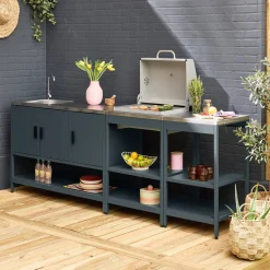 Außenküche aus Edelstahl mit Holzkohlegrill, Spüle und Regal, 3 Elemente