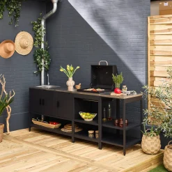 Außenküche aus Edelstahl mit Holzkohlegrill, Spüle und Regal, 3 Elemente