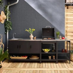 Außenküche aus Edelstahl mit Holzkohlegrill, Spüle und Regal, 3 Elemente
