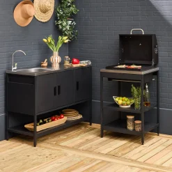 Außenküche aus Edelstahl mit Holzkohlegrill und Spüle, 2 Elemente