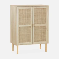 Aufbewahrungsschrank mit Holzoptik und Rattan-Geflecht, 2 Türen