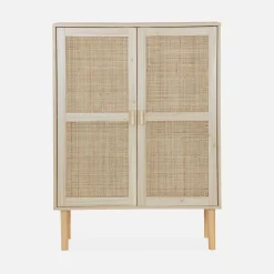 Aufbewahrungsschrank mit Holzoptik und Rattan-Geflecht, 2 Türen