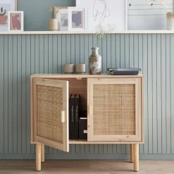 Aufbewahrungsschrank mit Rattan-Geflecht und Holzdekor 2 Türen 80 cm
