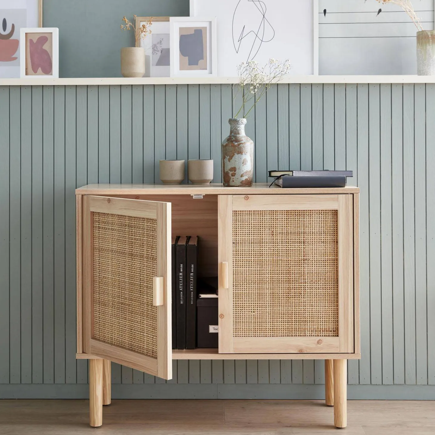 Aufbewahrungsschrank mit Rattan-Geflecht und Holzdekor 2 Türen 80 cm