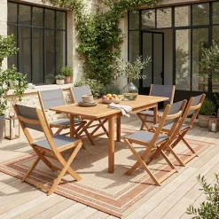 Ausziehbarer Gartentisch aus Eukalyptusholz + 6 Stühle