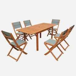 Ausziehbarer Gartentisch aus Eukalyptusholz + 6 Stühle