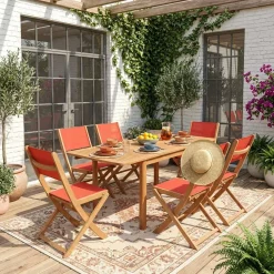 Ausziehbarer Gartentisch aus Eukalyptusholz + 6 Stühle