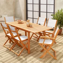 Ausziehbarer Gartentisch aus Holz , 6 Stühle