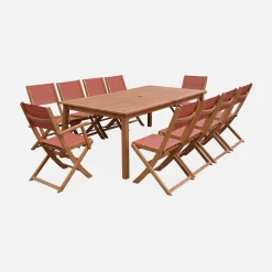 Ausziehbarer Gartentisch aus Holz, 10 Stühle