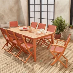 Ausziehbarer Gartentisch aus Holz, 8 Stühle