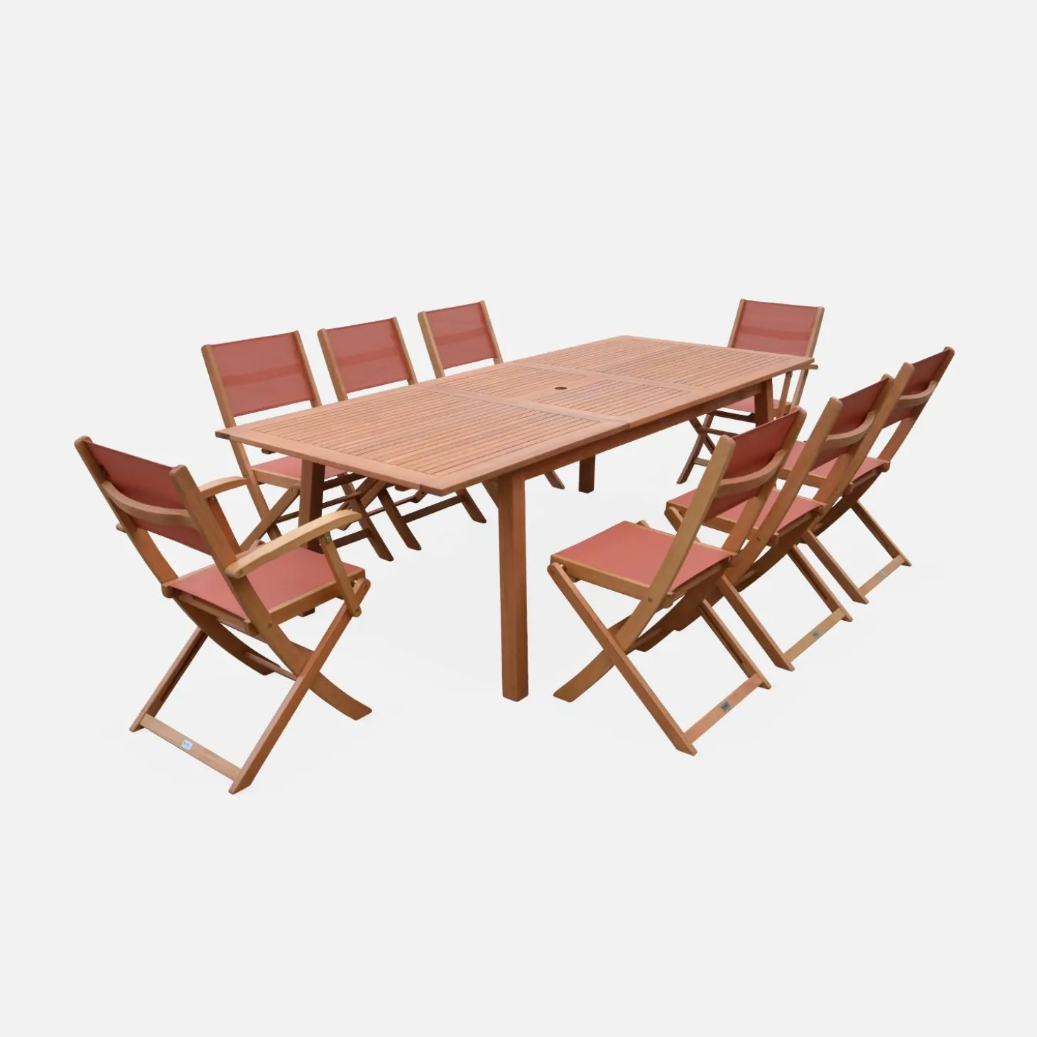 Ausziehbarer Gartentisch aus Holz, 8 Stühle