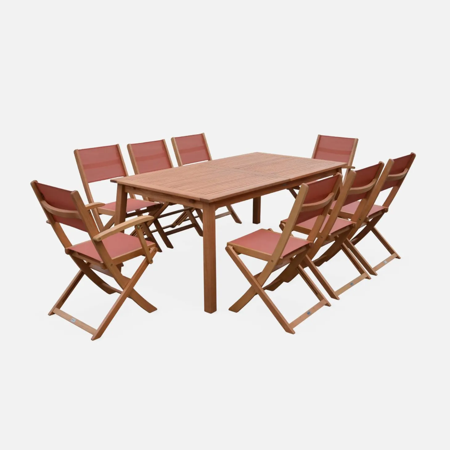 Ausziehbarer Gartentisch aus Holz, 8 Stühle