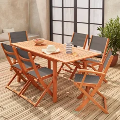 Ausziehbarer Gartentisch aus Holz , 6 Stühle