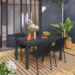 Ausziehbarer Gartentisch 135/270 cm, 8 Sessel, Aluminium und Textilene
