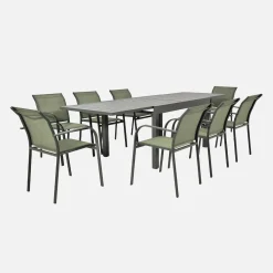 Ausziehbarer Gartentisch 135/270 cm, 8 Sessel, Aluminium und Textilene