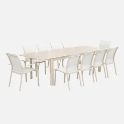 Ausziehbarer Gartentisch, 8 Stühle, 2 Sessel aus Aluminium und Textilene