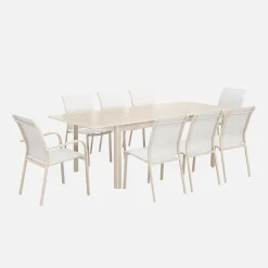 Ausziehbarer Gartentisch, 6 Stühle, 2 Sessel aus Aluminium und Textilene
