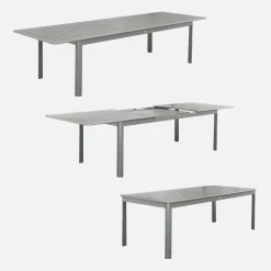 Ausziehbarer Gartentisch, 8 Stühle, 2 Sessel aus Aluminium und Textilene