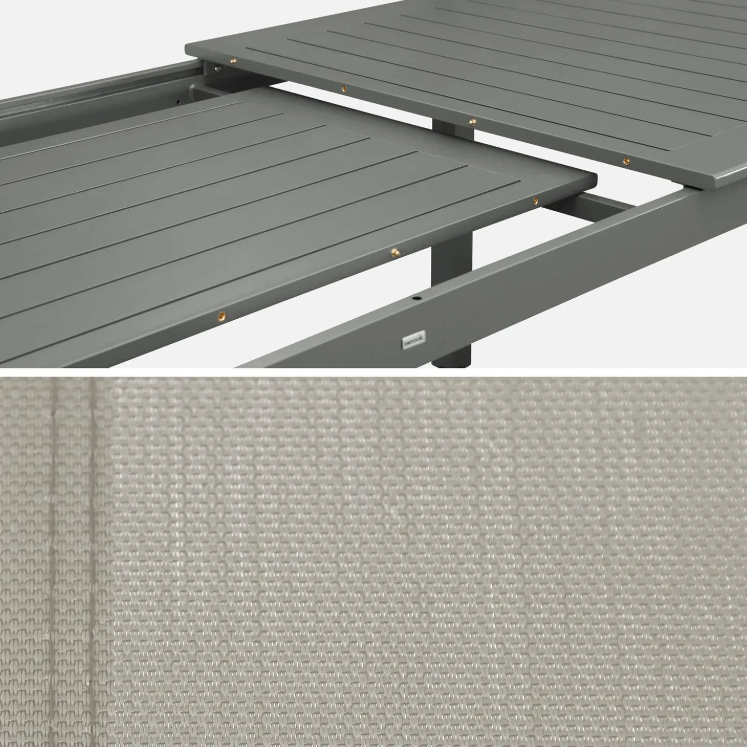 Ausziehbarer Gartentisch, 8 Stühle, 2 Sessel aus Aluminium und Textilene