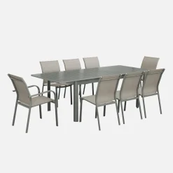 Ausziehbarer Gartentisch, 6 Stühle, 2 Sessel aus Aluminium und Textilene