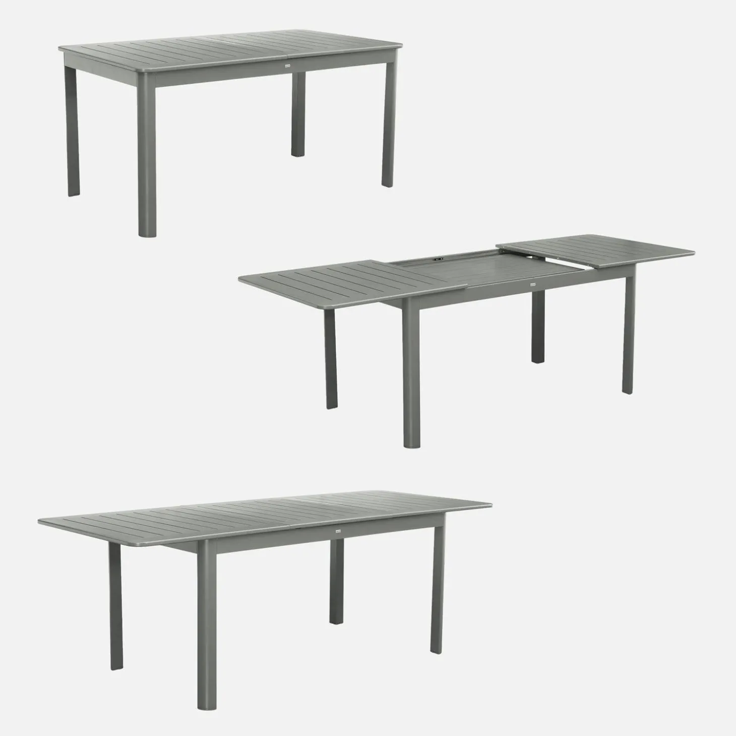 Ausziehbarer Gartentisch, 6 Stühle, 2 Sessel aus Aluminium und Textilene