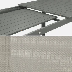 Ausziehbarer Gartentisch, 6 Stühle, 2 Sessel aus Aluminium und Textilene