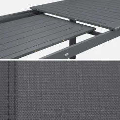 Ausziehbarer Gartentisch, 6 Stühle, 2 Sessel aus Aluminium und Textilene
