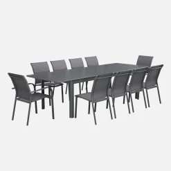 Ausziehbarer Gartentisch, 8 Stühle, 2 Sessel aus Aluminium und Textilene
