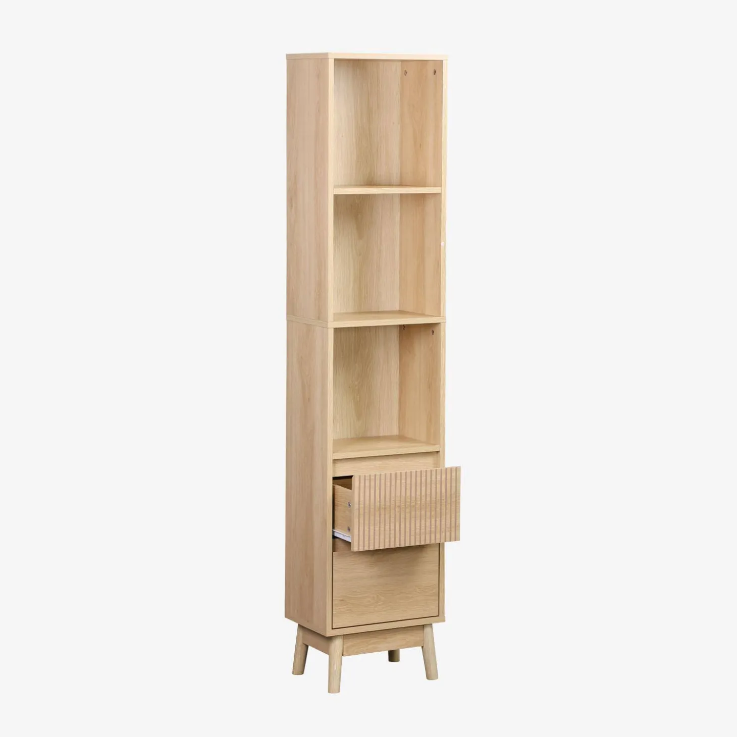 Badzimmerschrank schmal, Holzoptik, 3 Regale 2 Schubladen