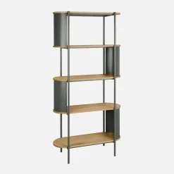 Bücherregal aus gebogenem Metall mit Holzdekor, 5 Ebenen