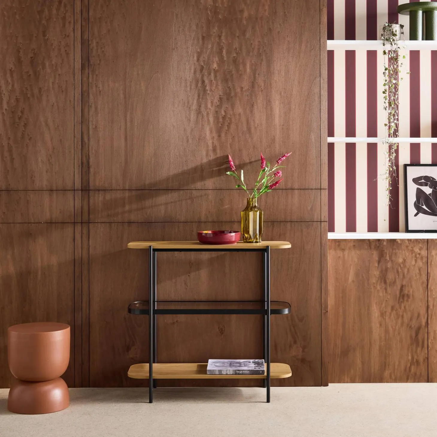 Bücherregal aus Glas, Holzdekor und Stahl, 3 Ebenen