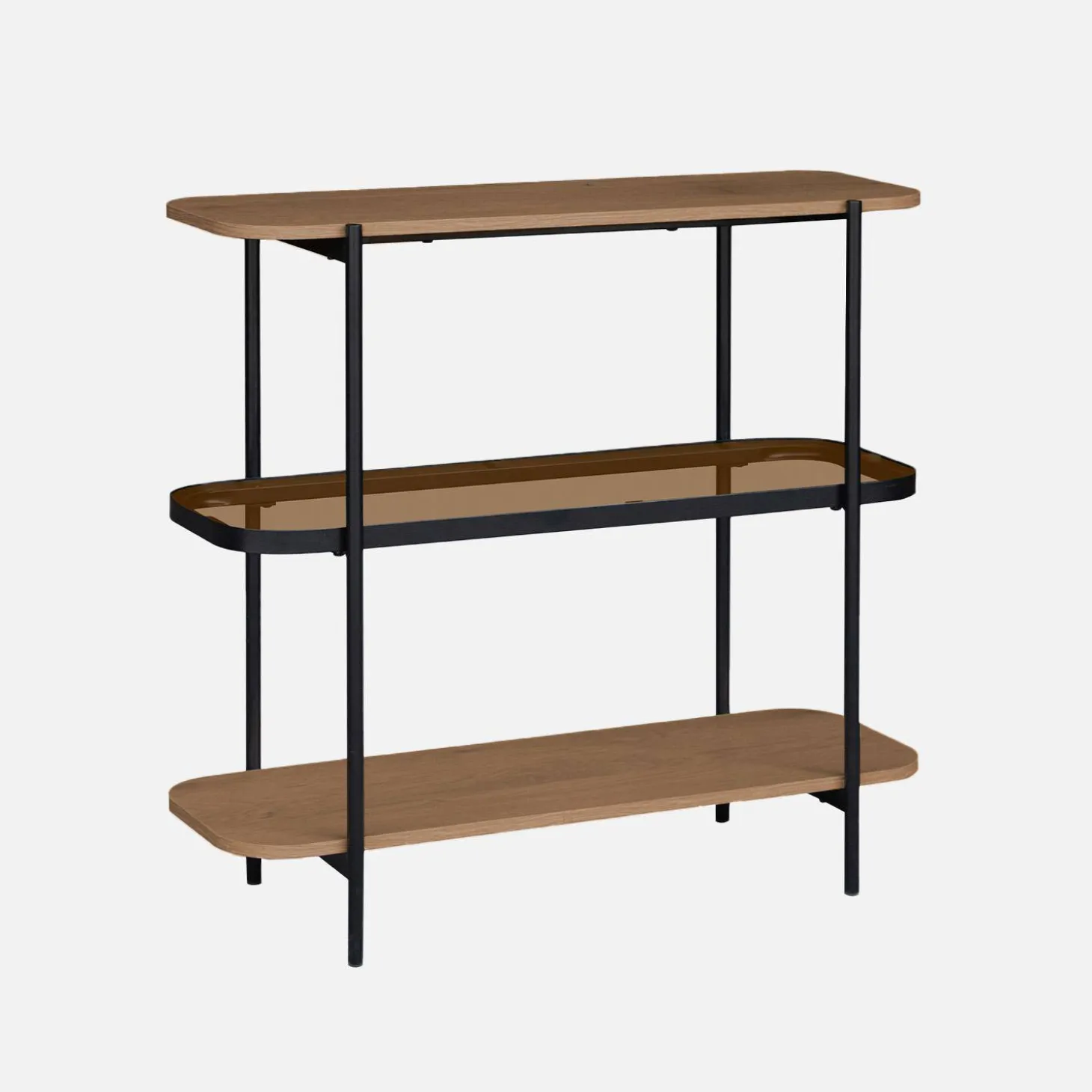 Bücherregal aus Glas, Holzdekor und Stahl, 3 Ebenen