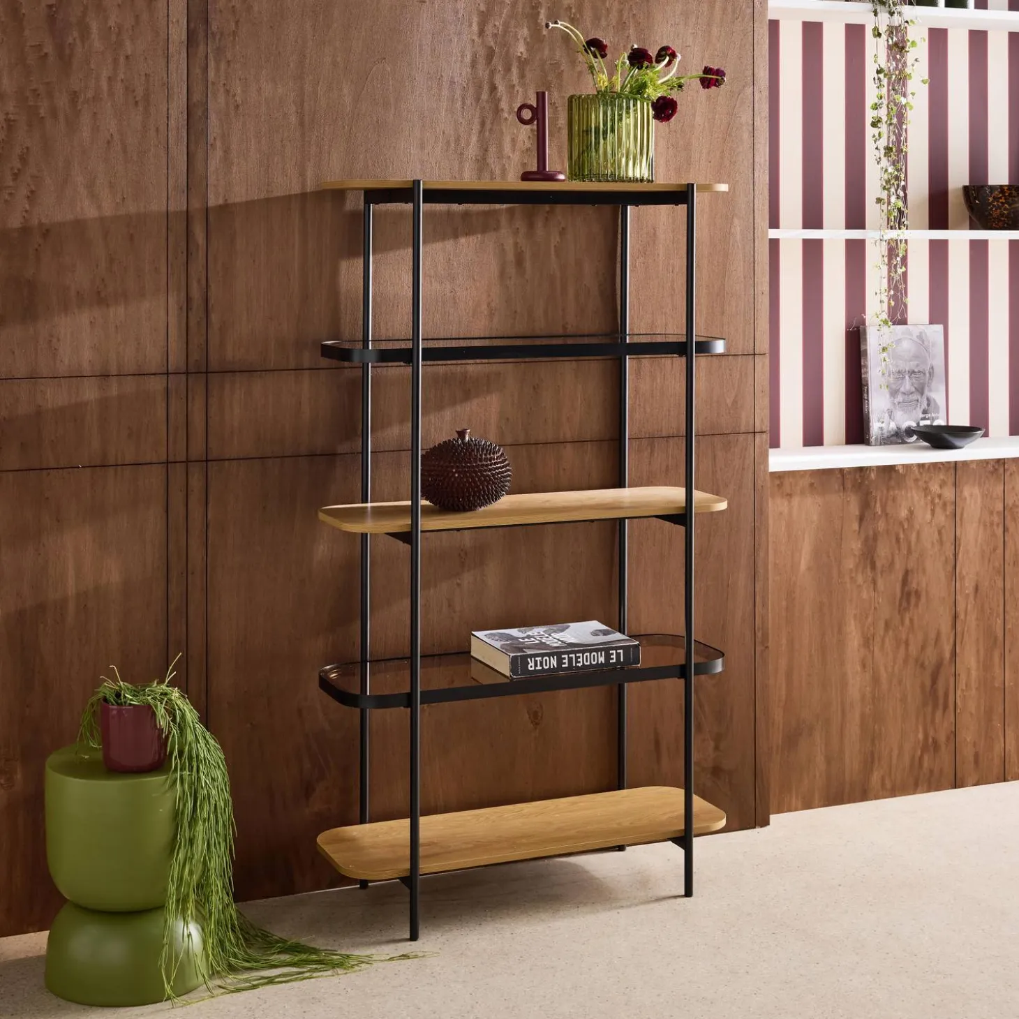 Bücherregal aus Glas, Holzdekor und Stahl mit 5 Ebenen
